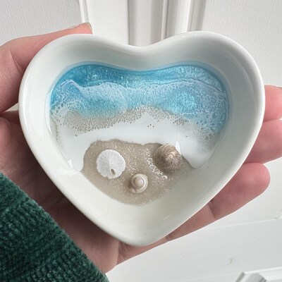 Blue Water Personalized Ring Dish, Beach Ceramic Heart Dish for Wedding Anniversary Gift for Engagement Gift from Realtor Side Table Decor - image8